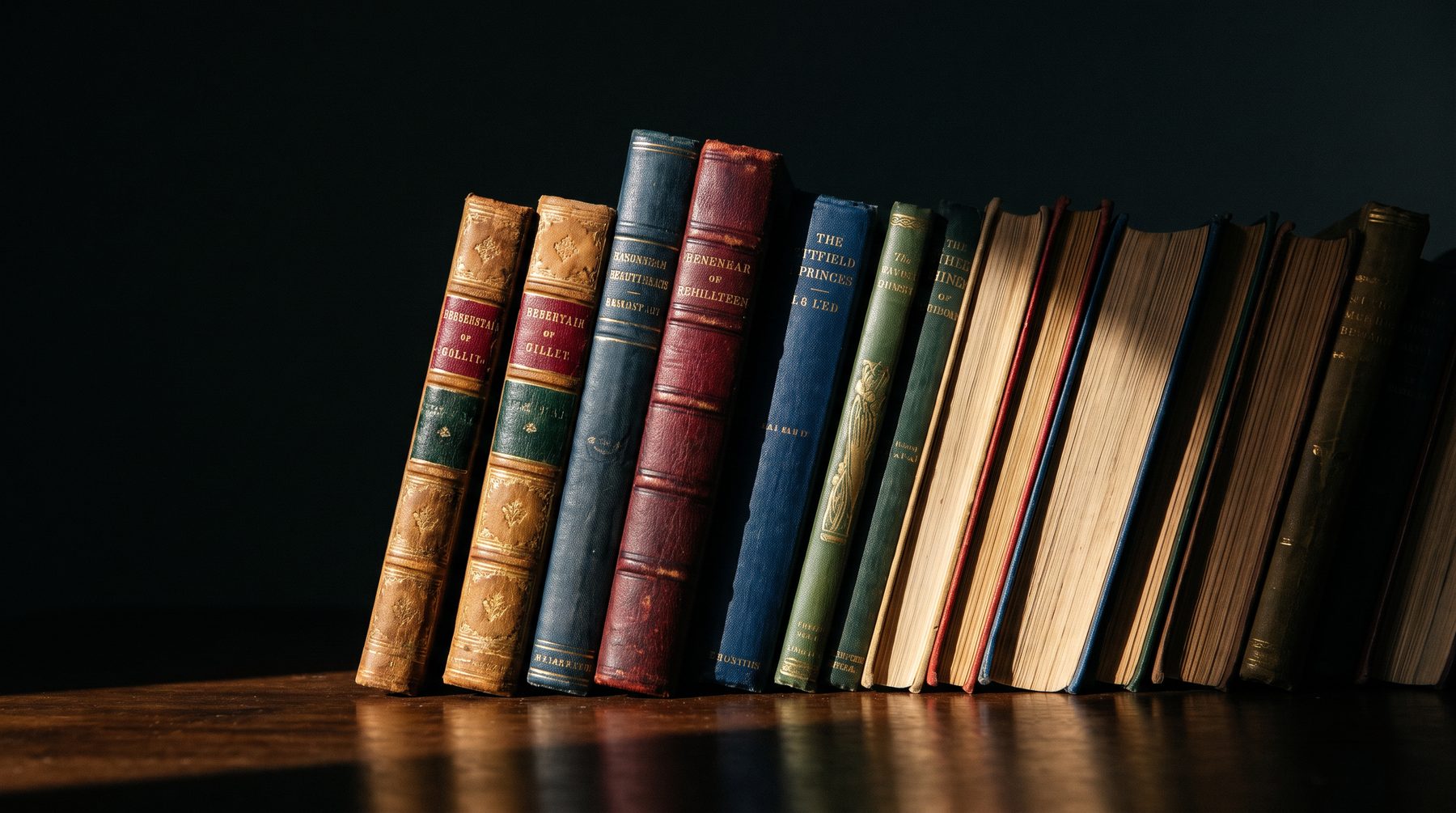 A row of antique bound books on a dark shelf.